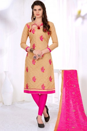 Desirable Beige Cotton Embroidered Designer Casual Salwar Suit With Silk Dupatta