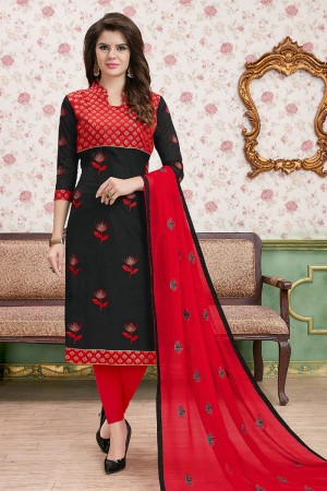 Ultimate Black and Red Cotton Embroidered Designer Casual Salwar Suit With Nazmin Dupatta