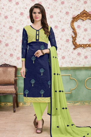 Lovely Navy Blue and Green Cotton Embroidered Designer Casual Salwar Suit With Nazmin Dupatta