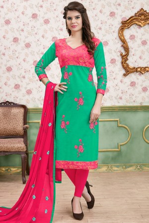 Gorgeous Turquoise and Pink Cotton Embroidered Designer Casual Salwar Suit With Nazmin Dupatta