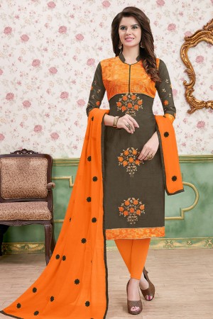 Stylish Beige and Orange Cotton Embroidered Designer Casual Salwar Suit With Nazmin Dupatta
