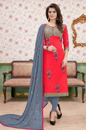 Charming Pink Cotton Embroidered Designer Casual Salwar Suit With Nazmin Dupatta