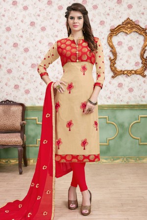 Beautiful Cream and Red Cotton Embroidered Designer Casual Salwar Suit With Nazmin Dupatta