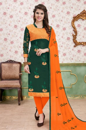 Pretty Green and Orange Cotton Embroidered Designer Casual Salwar Suit With Nazmin Dupatta