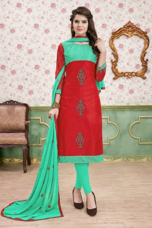 Admirable Turquoise and Red Cotton Embroidered Designer Casual Salwar Suit With Nazmin Dupatta