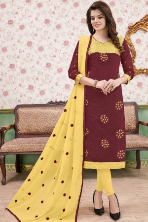 Classic Maroon and Yellow Cotton Embroidered Designer Casual Salwar Suit With Nazmin Dupatta