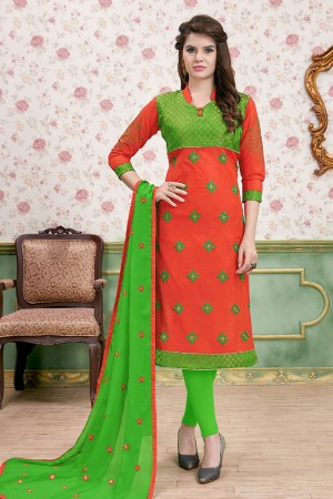 Desirable Orange and Green Cotton Embroidered Designer Casual Salwar Suit With Nazmin Dupatta