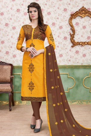 Ultimate Yellow and Beige Cotton Embroidered Designer Casual Salwar Suit With Nazmin Dupatta
