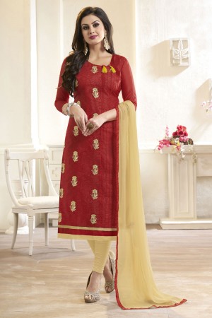 Ultimate Maroon Cotton Embroidered Designer Casual Salwar Suit With Nazmin Dupatta