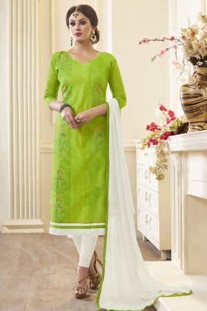 Stylish Green Cotton Embroidered Designer Casual Salwar Suit With Nazmin Dupatta