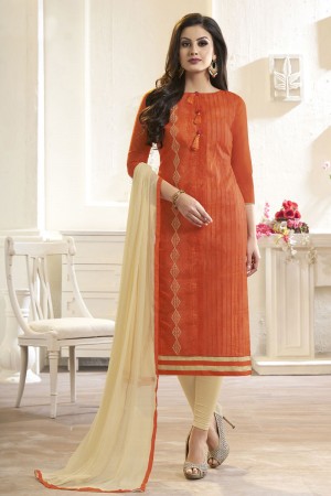 Lovely Orange Cotton Embroidered Designer Casual Salwar Suit With Nazmin Dupatta