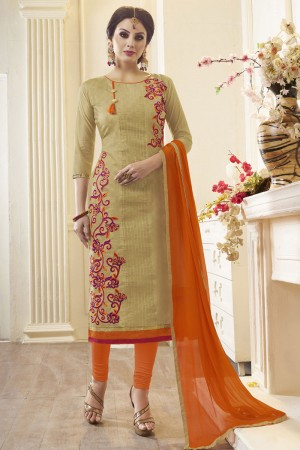 Graceful Beige Cotton Embroidered Designer Casual Salwar Suit With Nazmin Dupatta