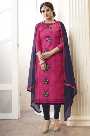 Excellent Pink Cotton Embroidered Designer Casual Salwar Suit With Nazmin Dupatta