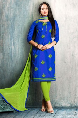 Classic Blue Cotton Embroidered Designer Casual Salwar Suit With Nazmin Dupatta
