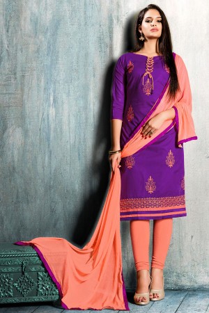 Admirable Purple Cotton Embroidered Designer Casual Salwar Suit With Nazmin Dupatta