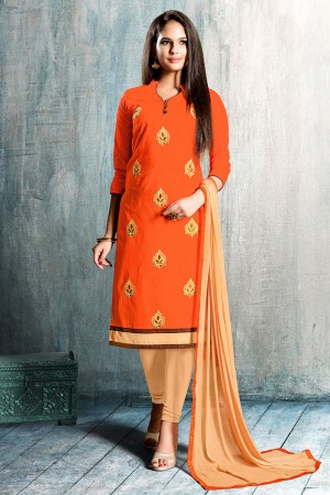 Stylish Orange Cotton Embroidered Designer Casual Salwar Suit With Nazmin Dupatta