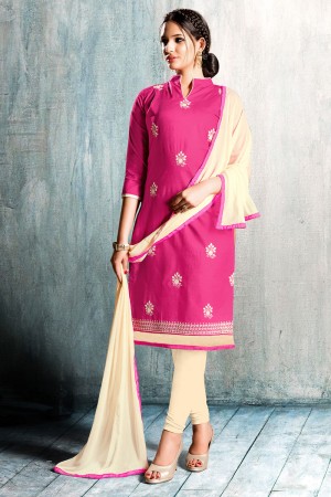 Optimum Pink Cotton Embroidered Designer Casual Salwar Suit With Nazmin Dupatta