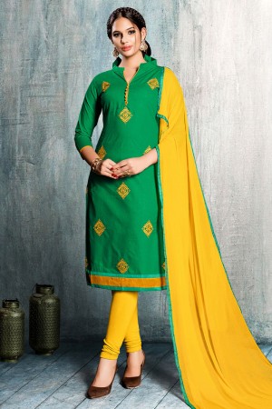 Lovely Green Cotton Embroidered Designer Casual Salwar Suit With Nazmin Dupatta