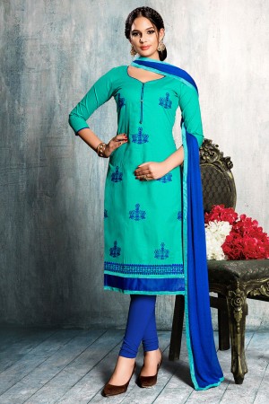 Graceful Turquoise Cotton Embroidered Designer Casual Salwar Suit With Nazmin Dupatta