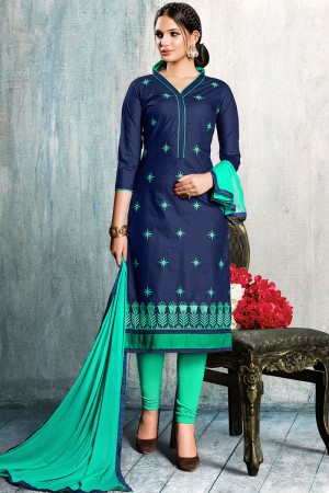 Pretty Navy Blue Cotton Embroidered Designer Casual Salwar Suit With Nazmin Dupatta