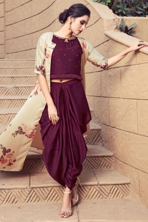 Admirable Maroon and Cream Satin Embroidered Designer Patiala Dhoti Salwar Suit