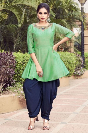 Supreme Green and Blue Silk Designer Patiala Dhoti Salwar Suit