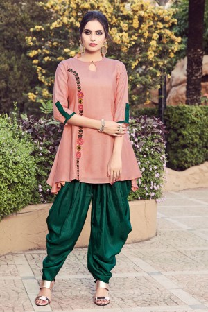 Pretty Peach and Green Leno Embroidered Designer Patiala Dhoti Salwar Suit