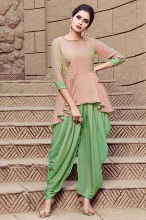 Beautiful Peach and Green Nylon Embroidered Designer Patiala Dhoti Salwar Suit