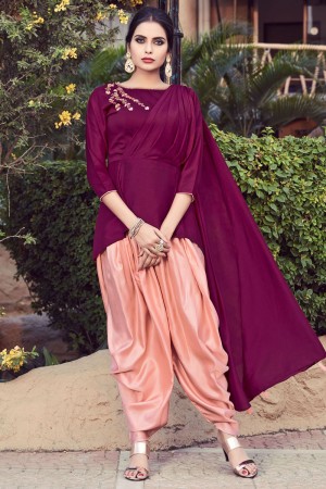 Desirable Purple and Peach Maslin Embroidered Designer Patiala Dhoti Salwar Suit