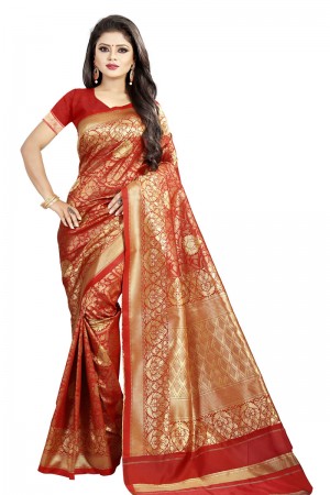 Charming Red Cotton Jaquard Work Designer Saree With Cotton Blouse