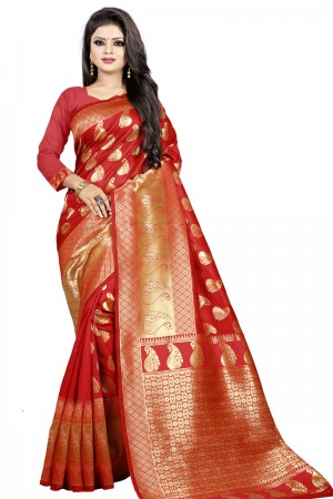Pretty Red Cotton Jaquard Work Saree With Cotton Blouse