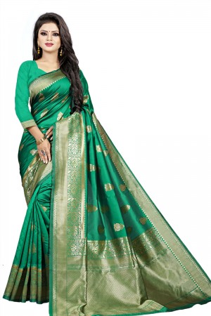 Admirable Green Cotton Jaquard Work Designer Saree With Cotton Blouse
