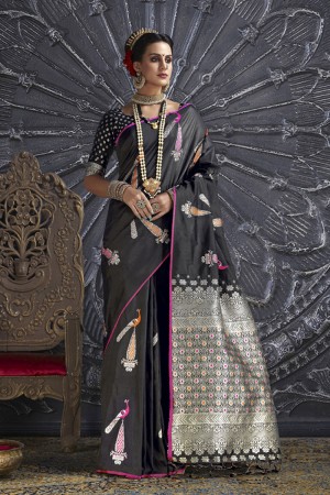 Pretty Purple Silk Jaquard Work Designer Saree With Silk Blouse