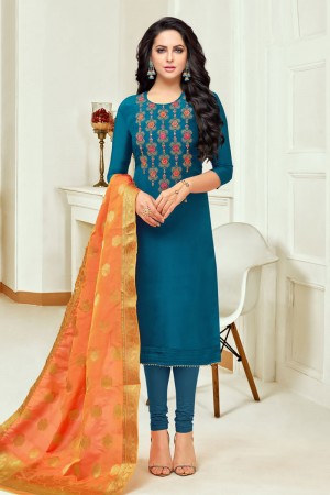 Gorgeous Turquoise Silk Designer Casual Salwar Suit With Banarasi Silk Dupatta