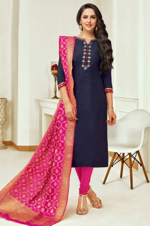 Classic Navy Blue Silk Embroidered Designer Casual Salwar Suit With Banarasi Silk Dupatta