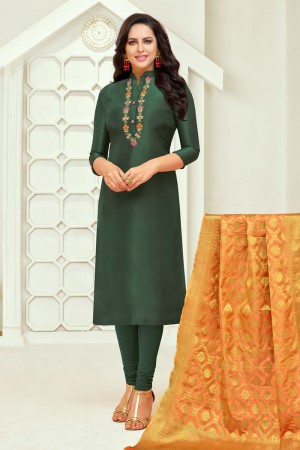 Lovely Green Silk Embroidered Designer Casual Salwar Suit With Banarasi Silk Dupatta