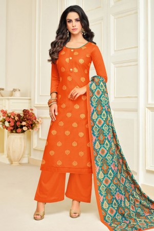 Pretty Orange Silk Printed Designer Plazo Salwar Suit With Maslin Dupatta