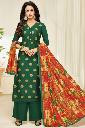 Lovely Green Silk Designer Plazo Salwar Suit With Maslin Dupatta