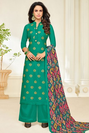 Beautiful Green Silk Printed Designer Plazo Salwar Suit With Maslin Dupatta
