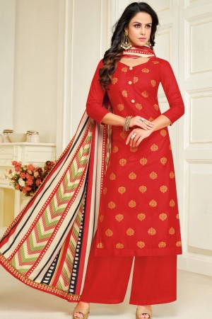 Excellent Red Silk Designer Plazo Salwar Suit With Maslin Dupatta