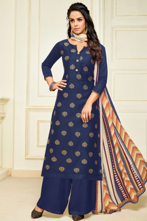 Admirable Blue Silk Printed Designer Plazo Salwar Suit With Maslin Dupatta