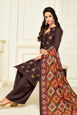 Classic Brown Silk Printed Designer Plazo Salwar Suit With Maslin Dupatta