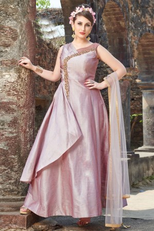 Beautiful Pink Chanderi Embroidered Long Length Designer Gown