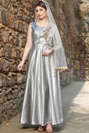 Admirable Silver Satin Long Length Designer Gown