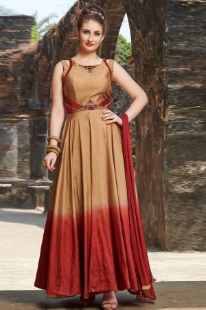 Excellent Maroon and Brown Chanderi Embroidered Designer Gown