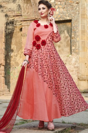 Pretty Pink Organza Embroidered Designer Gown
