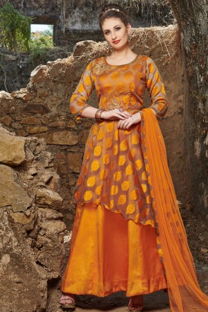Classic Orange Organza and Satin Embroidered Long Length Designer Gown