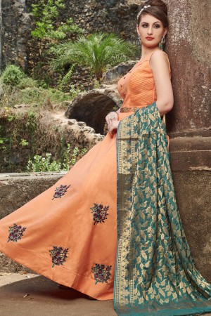 Lovely Peach Chanderi Long Length Designer Gown