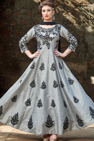 Stylish Grey Silk Embroidered Designer Gown