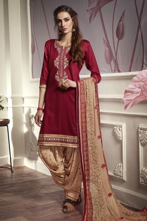 Stylish Maroon Cotton and Satin Embroidered Designer Patiala Salwar Suit With Nazmin Dupatta